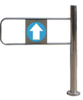 Top Shelf Hella Durable Industrial Metal Swing Gate With Slick Silver Finish For Secure Warehouse And Retail Entry Featuring Quick Install Hardware And Decor Covers showing a brushed stainless steel swing gate with directional arrow sign.