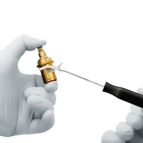 Silicone O-ring being fitted onto brass valve with pick and hook (VMQ, 4–32 mm)