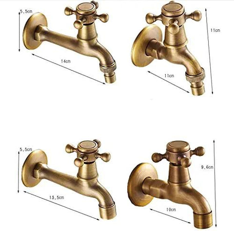 CUTPOIY Vintage Brass Wall Mounted Kitchen Sink Mixer Tap Single Cold Faucet for Laundry Outdoor Garden with dimensions shown