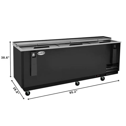 Heavy Duty Commercial Bottle Cooler, 95 Inch, 29.7 Cu Ft, Black freestanding drink dispenser with wheels and built-in opener.