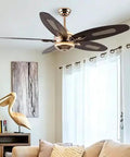 52" Plywood Modern Ceiling Fan with Light and Remote for Living Room Golden installed in bright living room with white curtains.