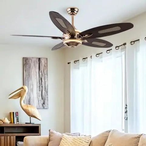 52" Plywood Modern Ceiling Fan with Light and Remote for Living Room Golden installed in bright living room with white curtains.