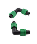 Two green 90 Degree Drip Irrigation Elbow Fittings Set For 16 To 17 mm Tubing Barbed Locking L Shape Connectors with twist lock design.