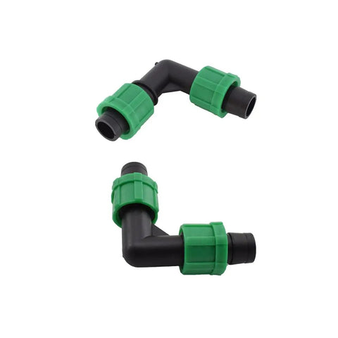 Two green 90 Degree Drip Irrigation Elbow Fittings Set For 16 To 17 mm Tubing Barbed Locking L Shape Connectors with twist lock design.