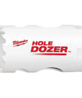 Side view of white Milwaukee Hole Dozer hole saw, 1-1/4 inch, ice-hardened with red logo