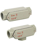 Two gray metal explosion-proof junction boxes with 3/4 in threaded inlets.