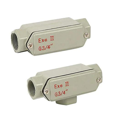 Two gray metal explosion-proof junction boxes with 3/4 in threaded inlets.