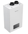 Top Shelf Natural Gas Tankless Water Heater Delivering 199K BTU Output, compact white design with dual connections, indoor use.
