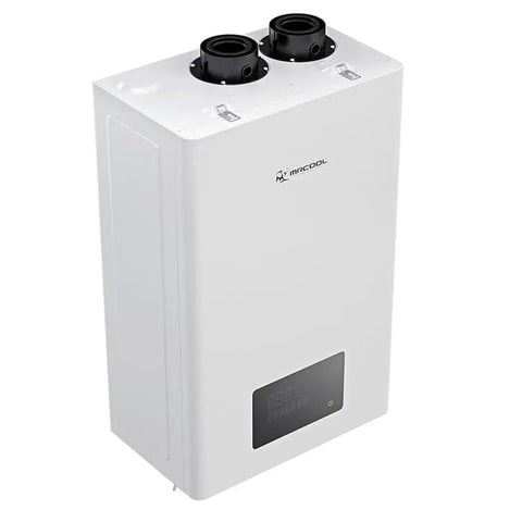 Top Shelf Natural Gas Tankless Water Heater Delivering 199K BTU Output, compact white design with dual connections, indoor use.