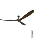 Modern Triple Blade Ceiling Fan With Handheld Remote Delivering Smooth Big Breezes Low Noise Motor Matte Black Housing Paired With Rich Dark Walnut Blades For Easy Cooling, viewed from below with remote.