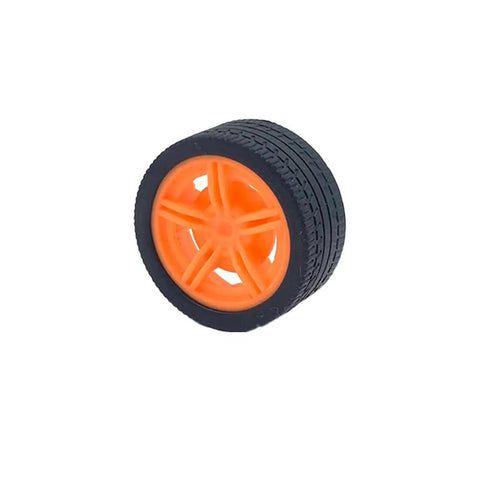 10 Piece Model Car Wheel Set With Rubber Tires And Five Round Shaft Axles in Bright Yellow, single wheel detail view