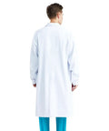 Back view of White Unisex Lab Coat For Men And Women Doctor Dentist Scientist Coat DIY Workwear Student Halloween Career Day Lightweight