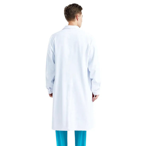 Back view of White Unisex Lab Coat For Men And Women Doctor Dentist Scientist Coat DIY Workwear Student Halloween Career Day Lightweight
