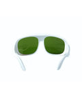 Top-Shelf Laser Protective Glasses Delivering Killer 200-1400nm Beam Blocking Coverage With 10% Light Transmission for Crystal Clear Vision During IPL Work and Heavy-Duty Photonic Optics Eyewear You Can Rely On, featuring green lenses and white frames.
