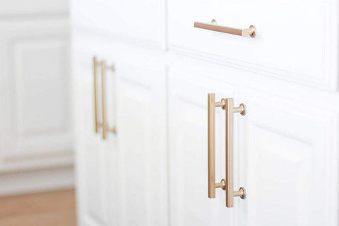 Bar Appliance Pull From Urban Modern Collection, 12 Inch Center To Center Bar Handle on white cabinetry, Satin Brass US4 Finish