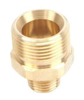 Brass pressure washer adapter nipple, M22M to 1/4-in NPT, hex body, close-up view