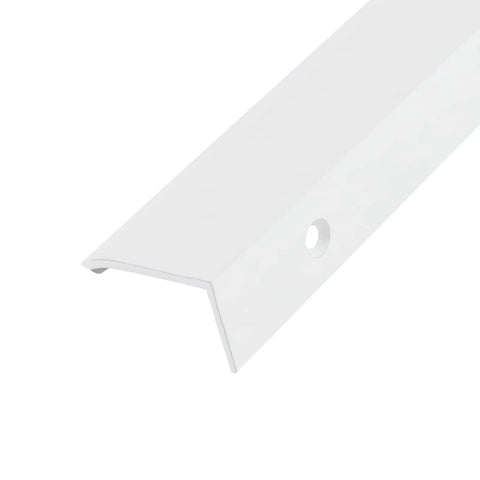 Close-up of a white aluminum finger pull handle from the set of 10, showing curved edge and hole for cabinets and drawers.