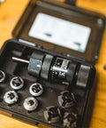 Frankford Arsenal universal precision case trimmer set with HSS chuck in a black storage case and assorted collets.