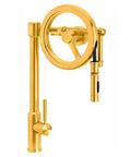 High Arc One Handle Pulldown Kitchen Faucet In Satin Gold With Toggle Sprayer And Smooth Auto Retract, side view showing faucet design.