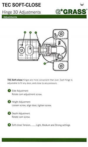 Diagram showing Soft Close Cabinet Hinges For 1/2 Inch Overlay, 10 Pack, 108 Degree Opening, Screw-On Wrap Around Mount with adjustments.
