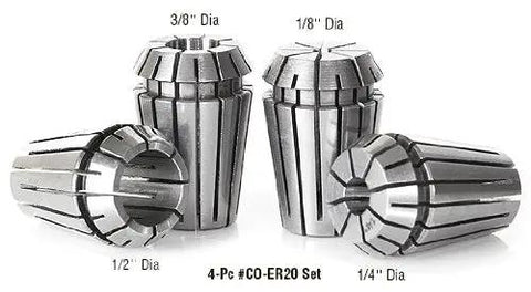 Half Inch Diameter Spring Collets ER20 CO-278 Industrial Grade for CNC Milling and Machining, four sizes displayed