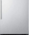 Front view of Top Shelf Frost Free Under Counter Upright Freezer Wrapped In Premium Stainless Steel with digital thermostat.