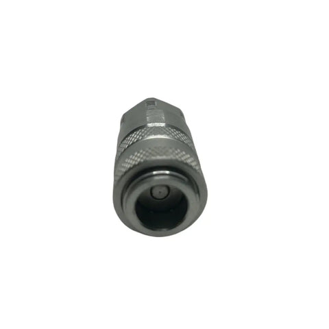 Front view of Beefy Heavy Duty Steel Test Port Quick Coupler for Diagnostic Tools with Female Pipe Thread 1/8 Inch, silver finish