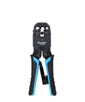 Badass Heavy Duty Ratchet Network Crimping Pliers For 4 6 8 Pin Ethernet Cables With Rock Solid Steel Build And Smart Blade Guard Versatile Vertical Grip For Pros - front view with ergonomic handles.