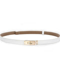 White Skinny Leather Belt For Women With Adjustable Golden Turn Lock Buckle Hole Free Thin Waist Strap Totally Clutch Accessory For Slaying Jeans Daily, flat view.