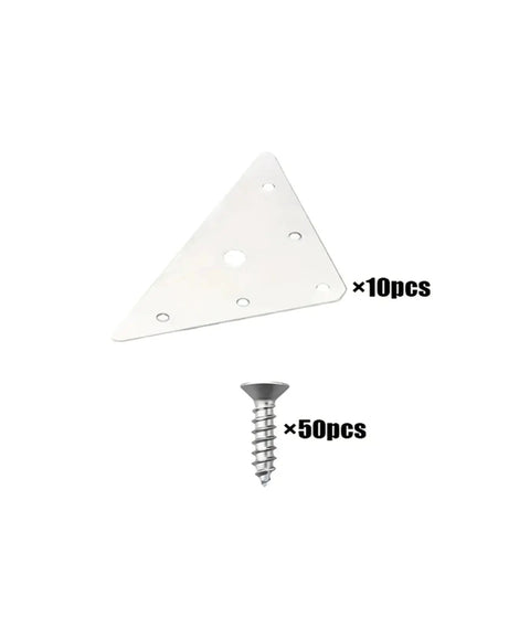 Heavy Duty Stainless Steel Flat And Corner Angle Brackets Set for Furniture Projects showing a triangular bracket and screws.