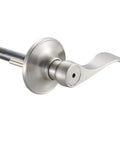Brass Privacy Door Lever And 3 Pack Hinges In Satin Nickel Finish, close-up view of reversible handle for interior doors