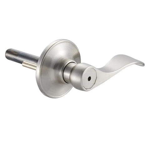 Brass Privacy Door Lever And 3 Pack Hinges In Satin Nickel Finish, close-up view of reversible handle for interior doors