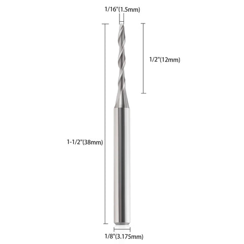 Ball Nose End Mill With One Eighth Inch Shank And One Sixteenth Inch Cutting Diameter For CNC Router Bits shown front view.