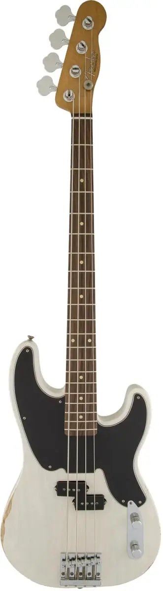 Mike Dirnt Roadworn Precision Bass RW White Blonde With Classic 51 And 55 P Bass Styling Modern Punk Pop Tone From Custom 59 Split Single Coil Nitrocellulose Road Worn Finish Hardshell Case Included, white blonde P bass front view