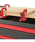 Beefy 52 Inch Mobile Workbench With 11 Soft Close Rollout Drawers And Thick Hardwood Counter Top showing clamps securing plywood.