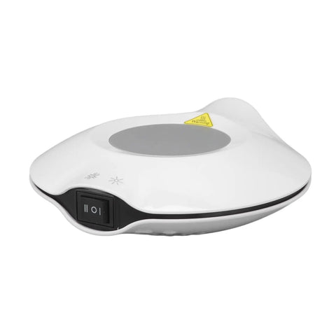 Keep Your Sips Lit Or Icy Cold Usb Powered Mug Warmer Chiller Pad dual temp control white device with buttons and warning sign