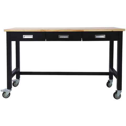 Heavy Duty Rubber Wood Top Workbench On Rolling Steel Frame With Drawers 60 Inch Garage Workshop Table With Locking 4 Inch Casters