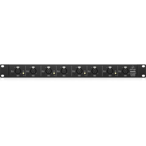 Ultra Flexible 8 Channel Microphone Splitter For Stage And Studio, Gig-Ready, front view showing 8 XLR inputs and 1U rack design.