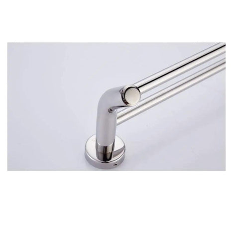 Close-up of Double Bar Towel Rack In SUS304 Stainless Steel With Bright Finish 60x15cm, mounted, showing wall connector and bars