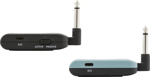 Close-up of Telepath Wireless System for Guitar and Instruments, 5.8GHz Digital Channel transmitters in Mystic Ice Blue and black.