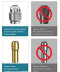 Comparison of brass, plastic, aluminum collets; brass highlighted as durable. Built Tough Brass Collet Set For Rotary Tools illustration.