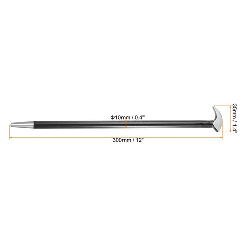 Rolling Head Pry Bar 12 Inch Heavy Duty Carbon Steel Leverage Tool with dimensions and heat treated rod illustration.