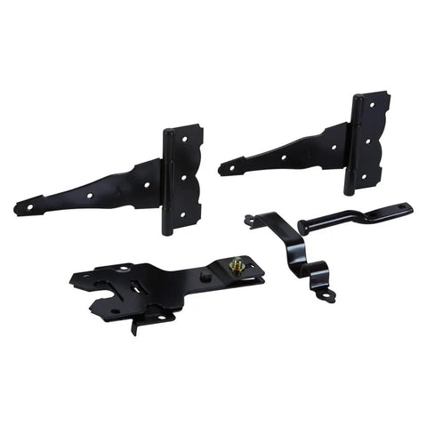 Deluxe Decorative T-Hinge Gate Kit Built Tough In Black Steel Finish With Latch Strike Pull, pack of hinges and hardware