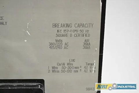 Heavy Duty Badass 3 Pole 300A 600V Molded Case Circuit Breaker Built To Crush It For Commercial Power Grids and Industrial Electrical Control Cabinet Upgrades label showing breaking capacity details.