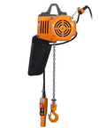 Side view of MTC Crane 1-ton air hoist with pendant controller, orange housing, chain and hook