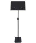 Adjustable Metal Music Stand With Phone And Tablet Holder, space-saving wall mount, front view, black finish, for instruments.