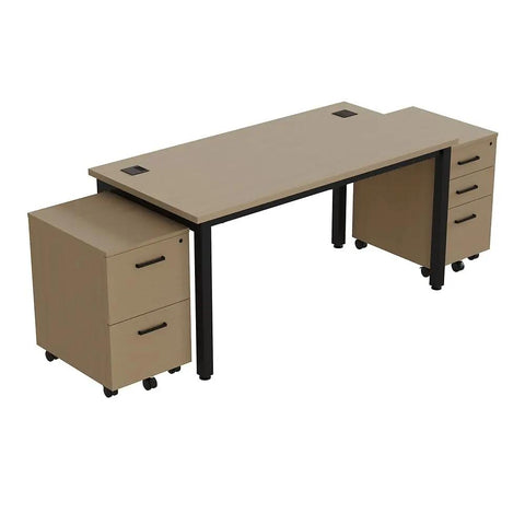 Top Tier 60 Inch Industrial Office Desk And Rolling Mobile Pedestal Set With Five Smooth Glide Storage Drawers In Driftwood Gray - angled view