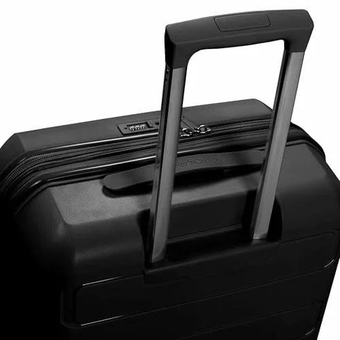 Carry-on luggage, black hardside 22-inch with extended telescoping handle (front view).