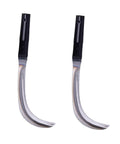Close-up of two sickles from 10 Piece All In One Mowing Sickle Set With Rustproof Harvesting Tools For Gardening And Weeding Comfortable Handy One Hand Grip And Solid Wood Non Slip Handles For Efficient Yard Work.