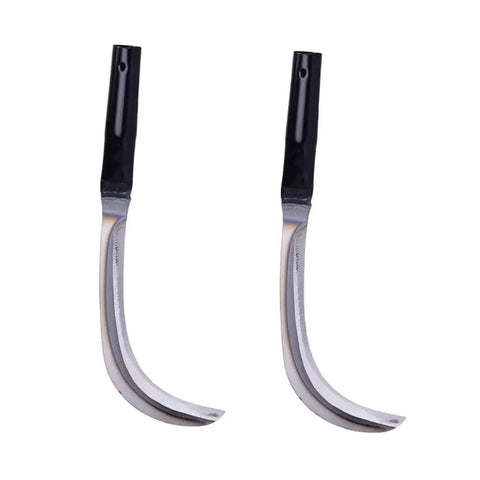 Close-up of two sickles from 10 Piece All In One Mowing Sickle Set With Rustproof Harvesting Tools For Gardening And Weeding Comfortable Handy One Hand Grip And Solid Wood Non Slip Handles For Efficient Yard Work.